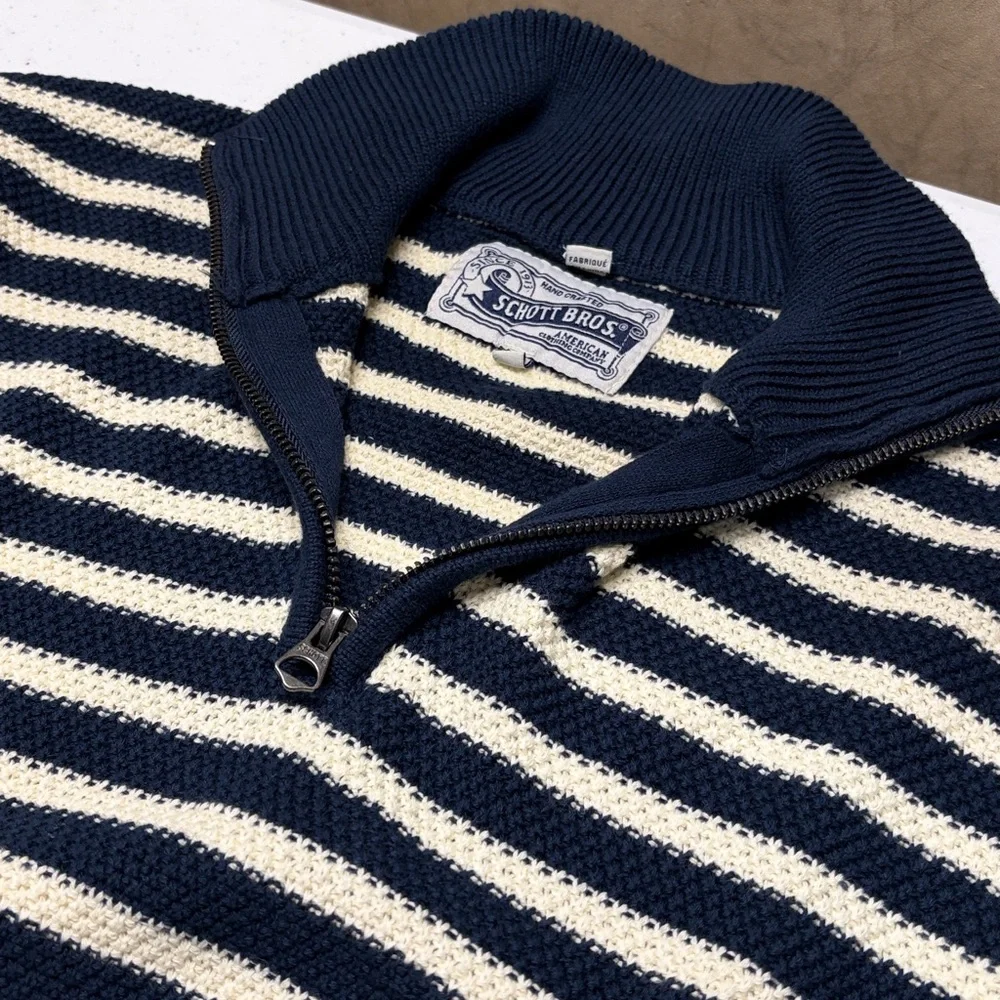 Schott Striped Waffle Weave 1/4 Zip Sweater Men's Small Navy & Cream 100% Cotton